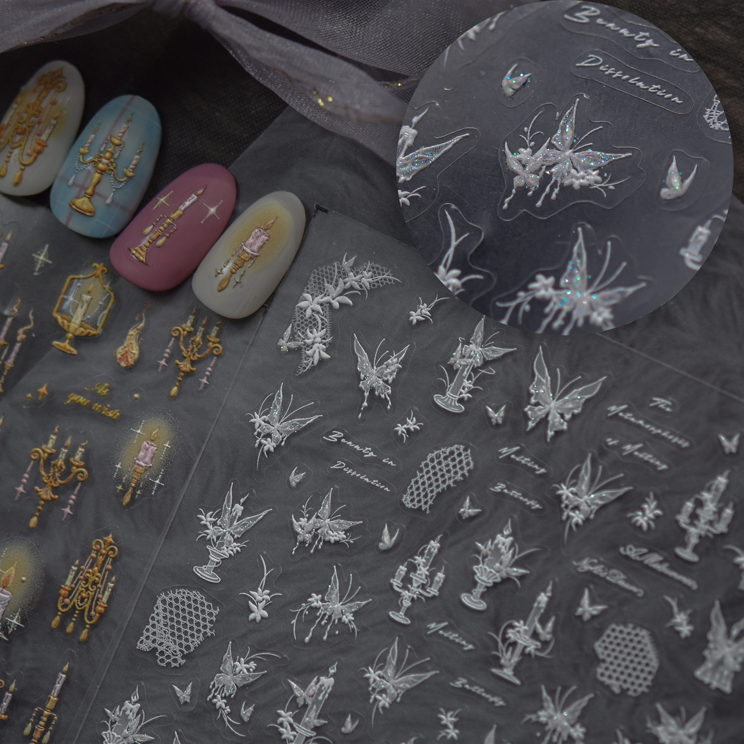 tomoni浮雕美甲贴纸 爆款爆闪新中式指甲贴蝴蝶烛台饰品贴纸5352