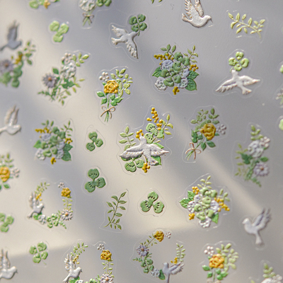 tomoni浮雕美甲贴纸 爆款复古指甲贴日系幸运草白鸽3760