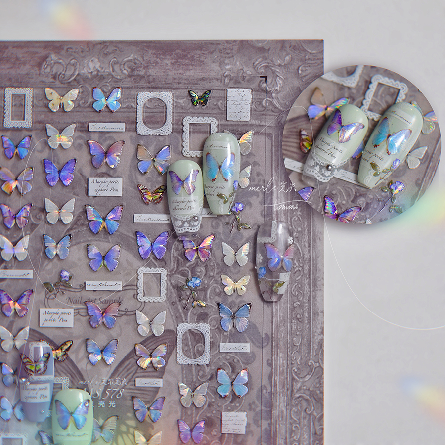 tomoni贝壳光MS578莫失合作款美甲贴纸贴中系指甲贴蓝蝴蝶