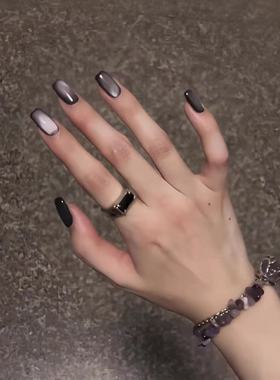高级显白黑色紫猫眼手工穿戴甲中长款日常显白玻璃珠美甲日常百搭