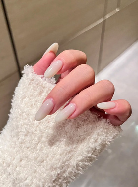 纯手工穿戴甲高级感乳白色美甲贴片中长款温柔显白冰透杏仁假指甲
