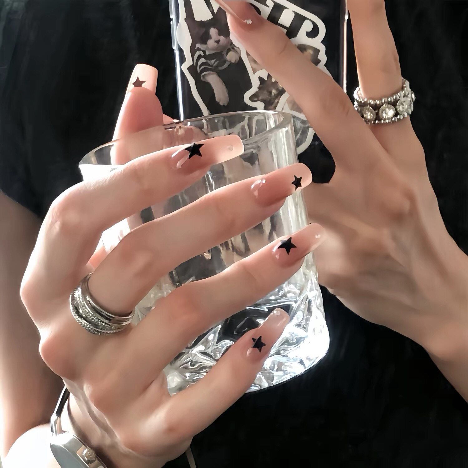 欧美辣妹裸色星星手工穿戴甲显白