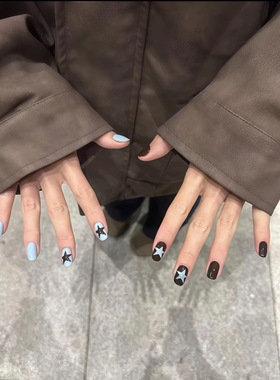 短款显白穿戴甲蓝棕星星简约美甲贴片撞色鸳鸯百搭复古手工假甲