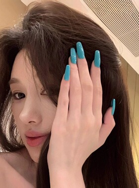简约纯色艳蓝色手工穿戴甲2026年新款辣妹显白美甲中长款亮面成品
