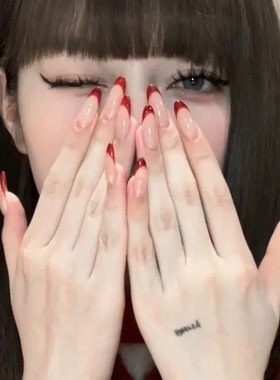 红色法式穿戴甲新年中长款裸色手工美甲贴片高定气质显白可拆卸