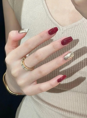 纯手工穿戴甲2025年新款中长款高级显白红色跳色金色气质裸甲新年