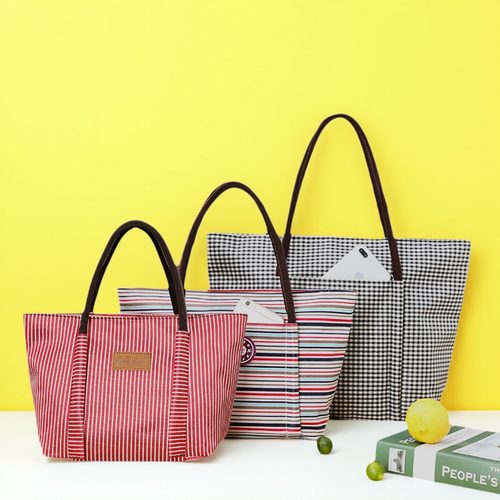 手提包时尚简约防水单肩包条纹妈咪包饭盒袋化妆包大容量防水购物