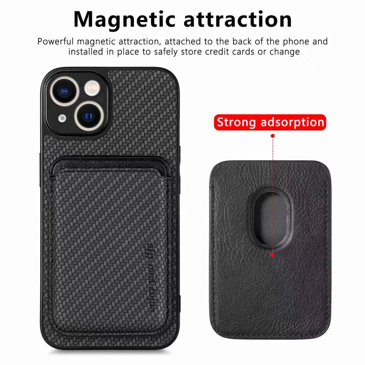 适用苹果15碳纤维纹磁吸卡包iPhone14/13手机壳magsafe皮革卡套12可插卡78plus带卡槽XS max磁