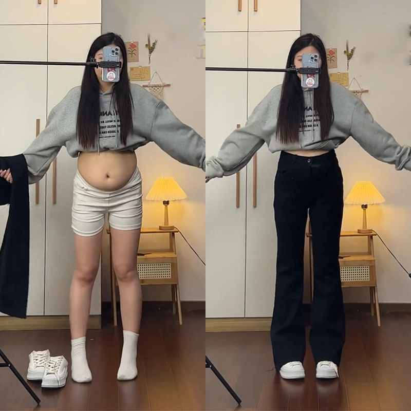梨形身材黑色微喇弹力牛仔裤女早秋季大码胖mm高腰遮跨直筒马蹄裤
