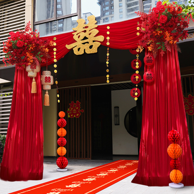 婚礼喜宴布置结婚庭院大门挂饰红色户外自建房门装饰纱幔拉花套装