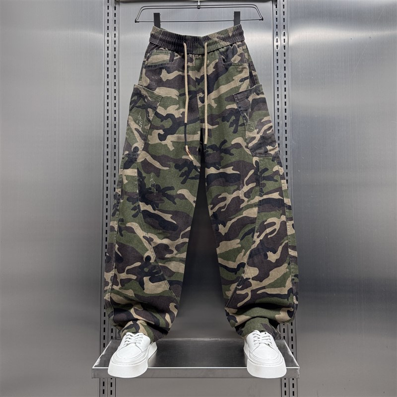 春秋美式新款迷彩工装裤男士2025复古设计感宽松休闲裤阔腿弯刀裤