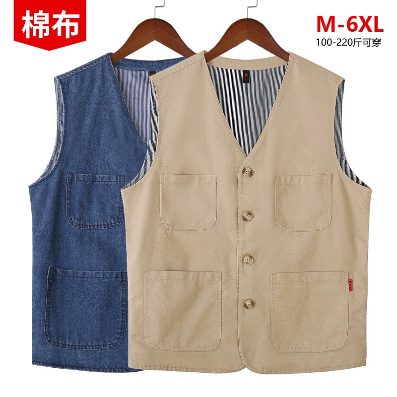 春夏秋男大码纯棉马甲多口袋休闲家居无袖坎肩爸爸装休闲马夹背心