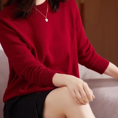 100%纯棉线加厚开叉毛衣女秋季圆领宽松全棉内搭针织打底衫不起球