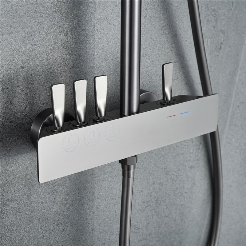 全铜淋浴花洒f套装家用枪灰色拨杆按键式增压浴室小户型卫生间龙