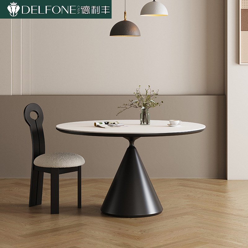 德利丰岩板餐桌奶油风o圆形桌子现代简约纯白圆桌小户型家用饭桌