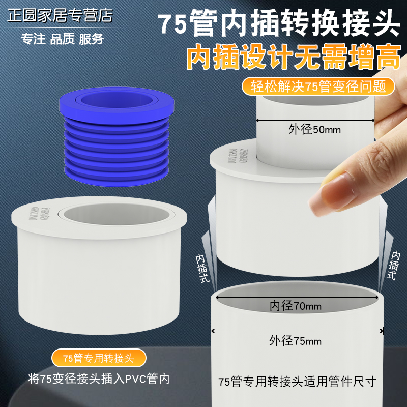 厨房专用pvc下水管75转50接头排水管配件直接转接内插变径大小头
