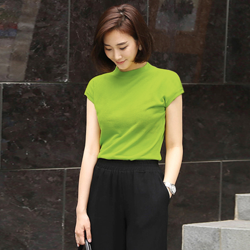 冰丝短袖女夏季2021新款半高领针织衫薄款显瘦百搭白色t恤女上衣