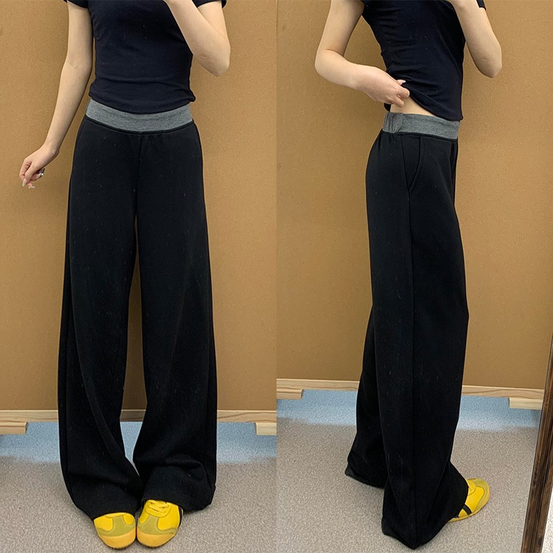 300斤特大码黑色直筒运动裤女胖mm高腰垂感休闲裤美式设计感卫裤