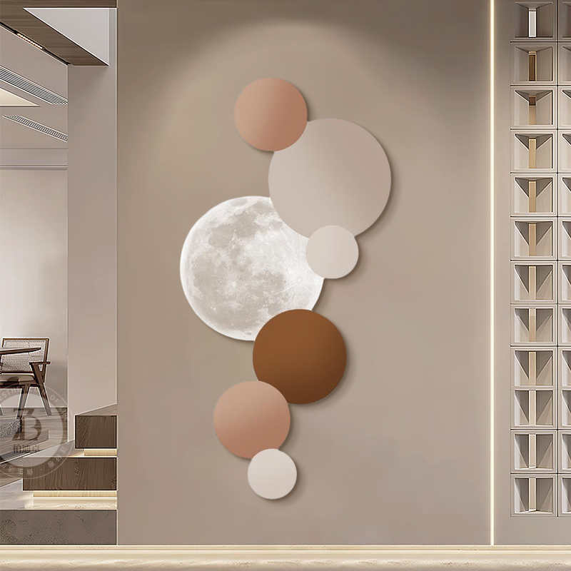 月球玄关圆球装饰画带灯圆走廊过道几何挂画入户门W厅客厅公寓壁