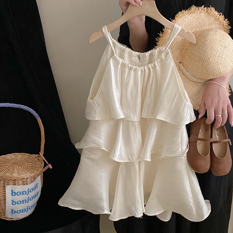 女童海边度假风吊带连衣裙高级感夏季2024新款儿童吊带裙白色洋气