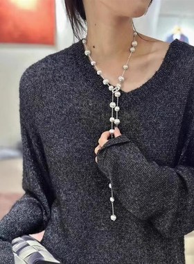 拉丝银球串珠项链女小众设计高级感长款毛衣链气质叠戴锁骨链颈链