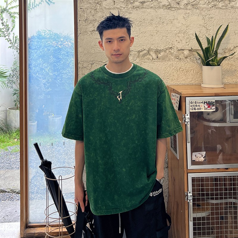 杠叔重磅纯棉短袖tm恤男夏季水洗扎染美式高街潮牌宽松休闲五分袖