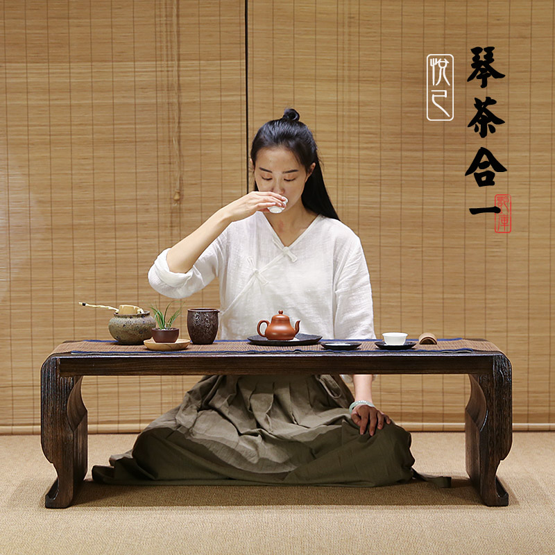 实木古琴桌凳矮式琴桌日式榻榻米茶桌炕桌M炕几烧桐木茶几飘窗桌