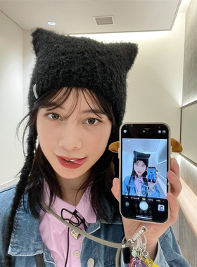 日本override羊毛系带猫耳朵针织帽女毛绒保暖护耳防风毛线帽秋冬