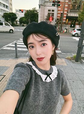 日本Chapeaud.o复古羊毛呢百搭大头围黑色贝雷帽女override蓓蕾帽