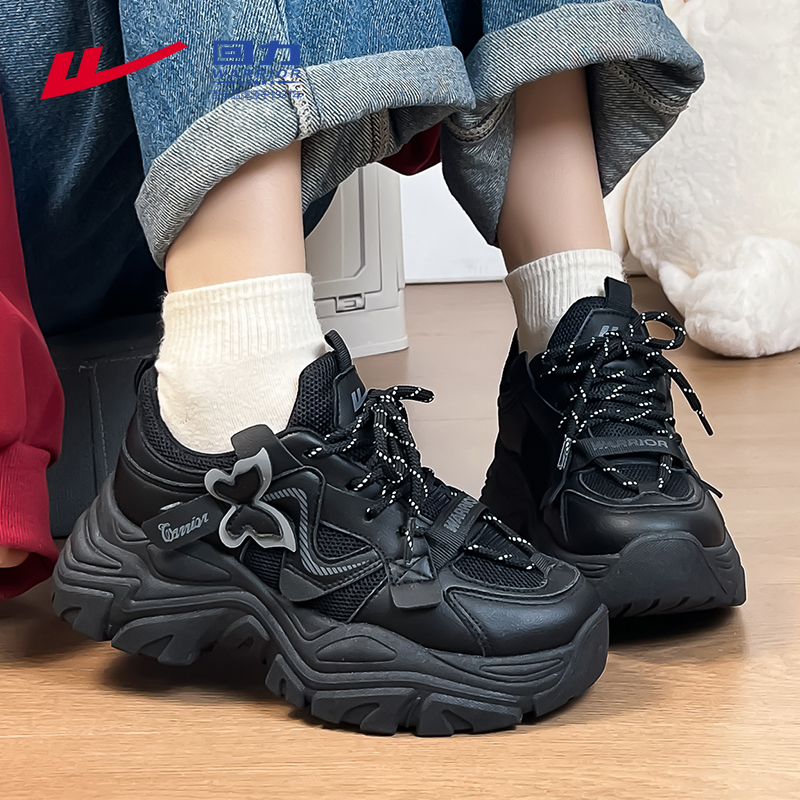 回力女鞋秋季2025新款网面透气运动鞋潮牌爆款黑色厚底增高老爹鞋