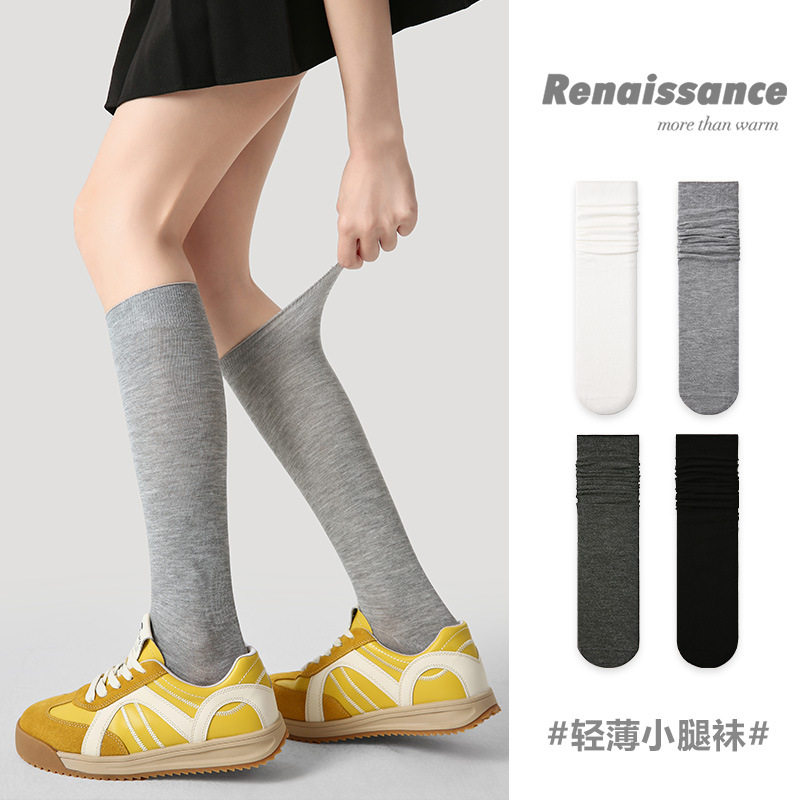 Renaissance女袜春夏季竖条纹甜妹风中筒袜网眼透气ins纯白小腿袜
