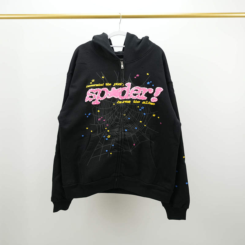 thumbnail for Pink letters, colorful stars, spider web, zipper hoodie