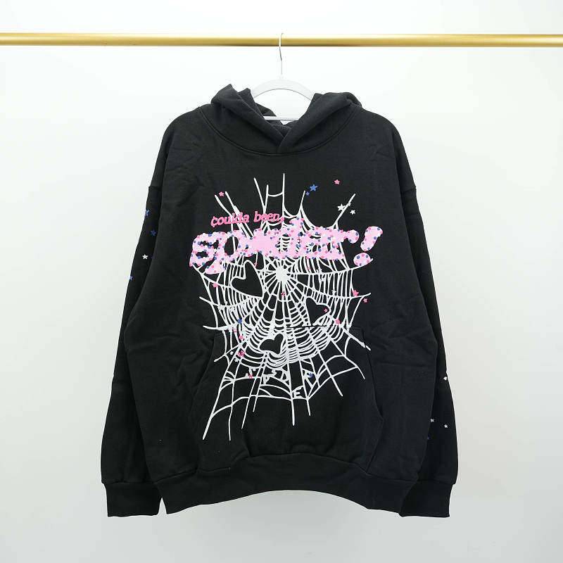 thumbnail for Pink lettering heart-shaped spider web hooded long-sleeve sweatshirt