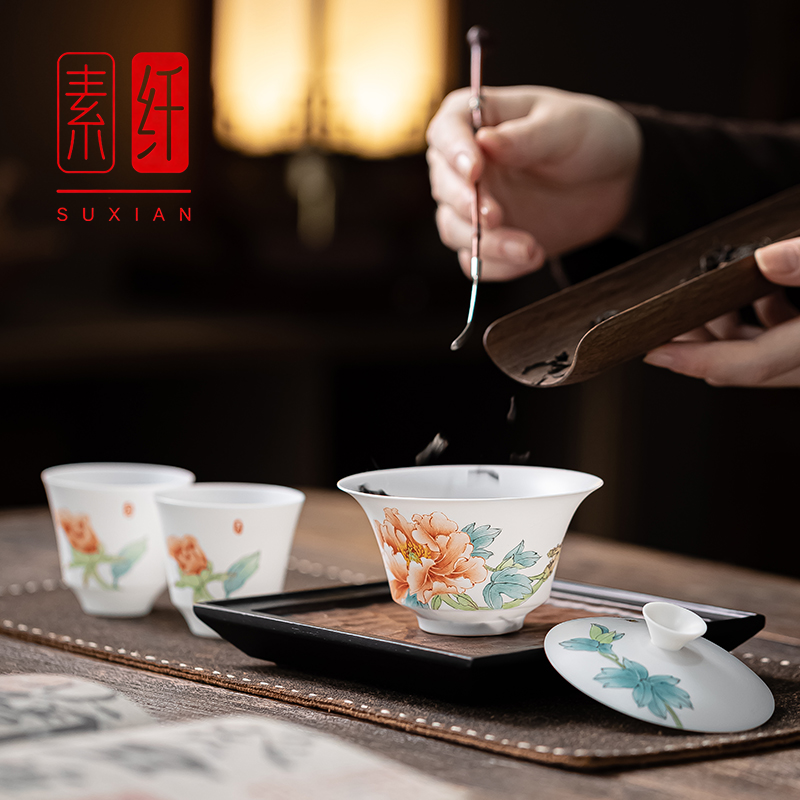 超薄胎手绘茶具套装礼盒装不烫手马蹄元宝型盖碗高端白瓷泡茶专用