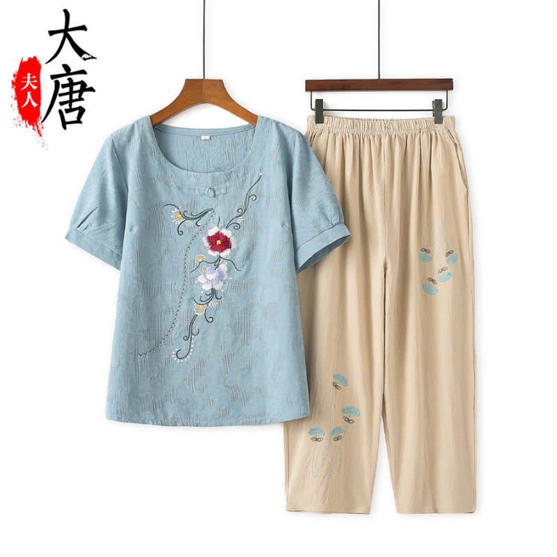妈妈装2023夏装新款套装中老年女装洋气短袖棉麻T恤奶奶夏季衣服