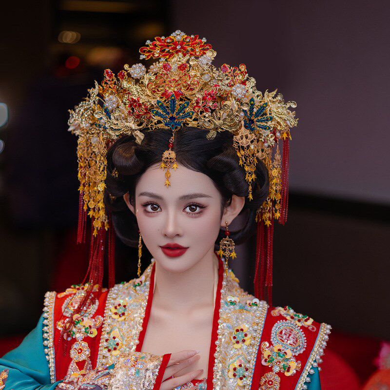国风汉服婚礼发饰凤冠古装古典大气前后冠复古传统婚礼新娘头饰品