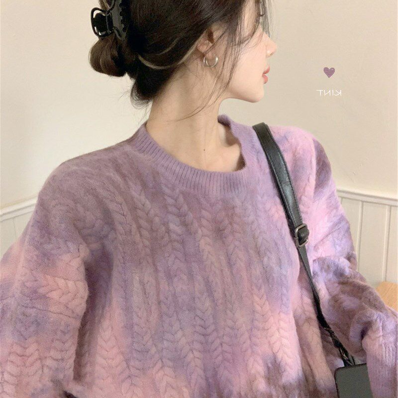 扎染毛衣女秋冬外l穿慵懒风韩版宽松港味复古麻花套头针织衫上衣