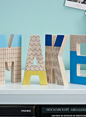 实木英文字母立体摆m件创意装饰客厅家居卧室书房桌面松木书架摆