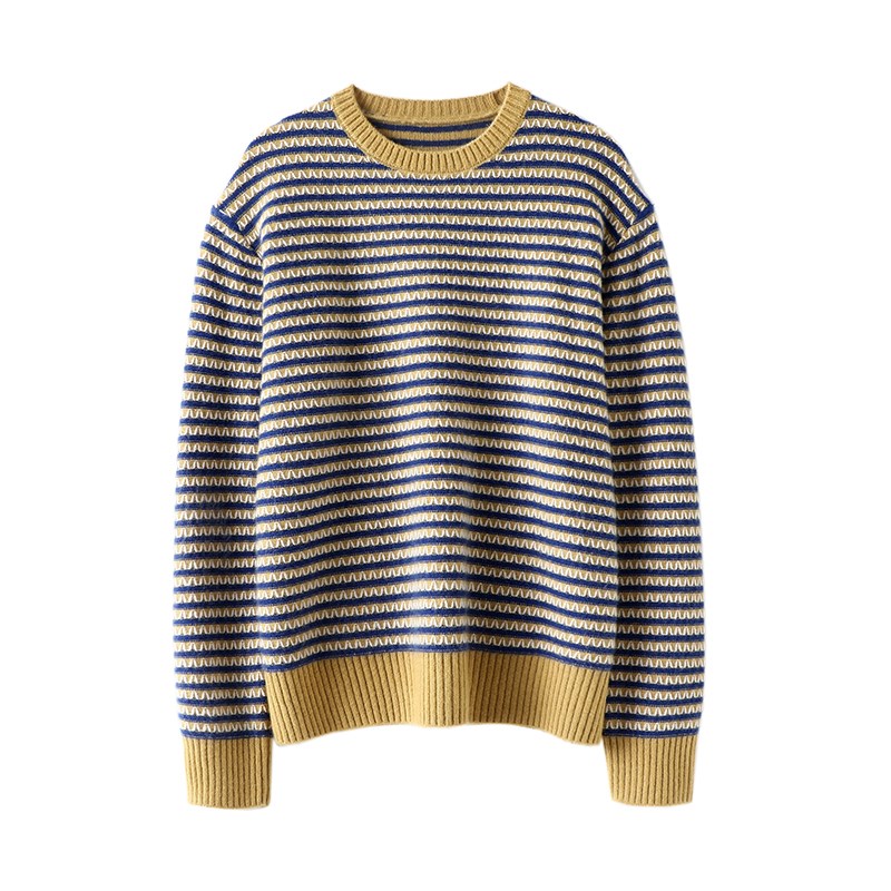 爱上设计~上身好洋气!r圆领重工条纹拼色羊绒衫女纯羊绒毛衣宽松