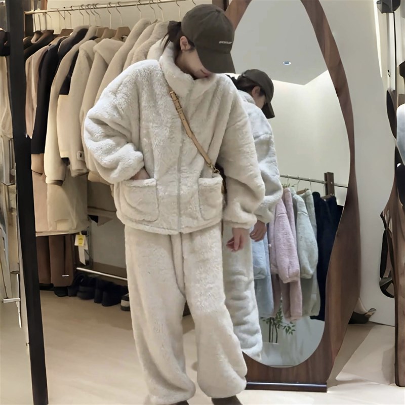 秋冬季韩b系暖烘烘加绒加厚保暖居家服外套外穿宽松家居服睡衣女