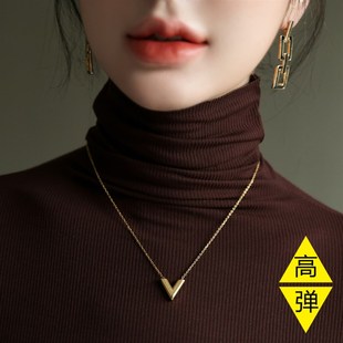 高弹高领细针织堆堆领p打底衫女春秋内搭长袖t恤百搭黑色薄款上衣