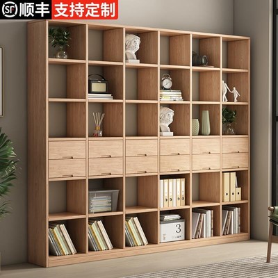 纯实木书架落地置物架一体靠墙儿童书柜储物柜展示柜定制窗柜子