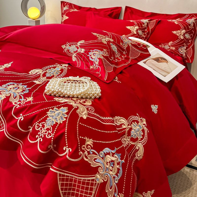 高档奢华结婚f四件套红色长绒棉纯棉全棉婚庆床上用品婚房陪嫁床
