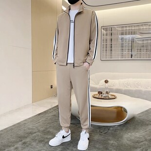 潮牌套装男秋季i长袖2024新款韩版潮流条纹外套运动立领卫衣两件