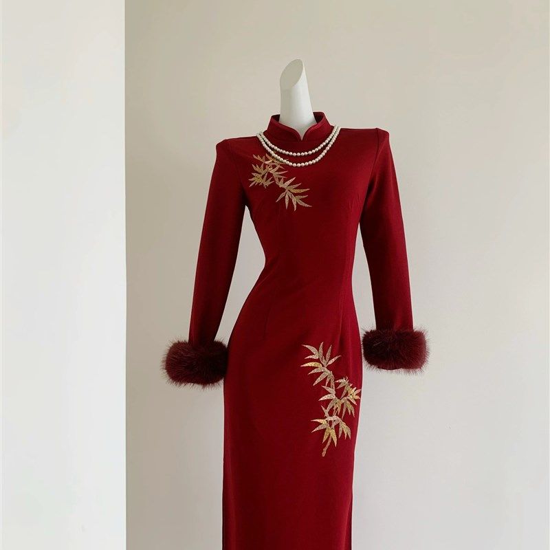 敬酒服新娘长袖j加厚红色订婚新中式刺绣金竹子旗袍结婚连衣裙秋图片