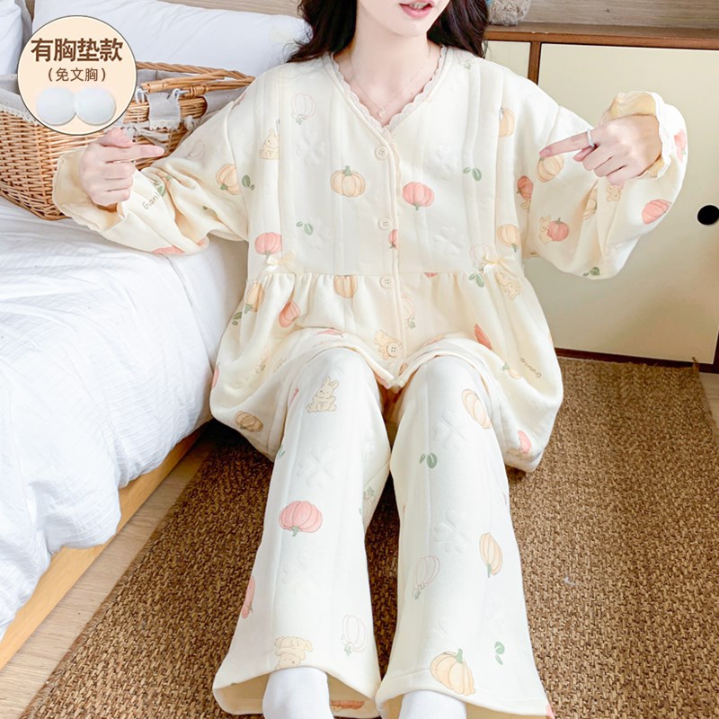 月子服孕妇哺乳睡衣女秋q冬带胸垫产后空气棉纯棉保暖夹层加厚喂