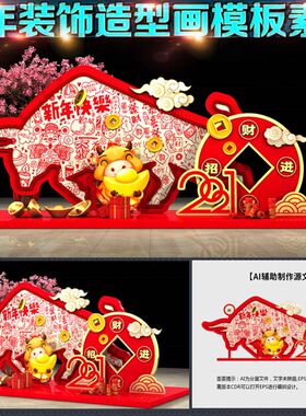 2021牛年商场装饰造型美陈DP装点打卡拍照背景墙画AI模板素材文件