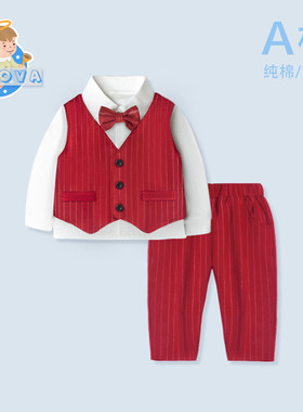 男宝宝纯棉长袖领结绅士礼服套装婴儿百岁宴周岁红色马甲衬衫花童