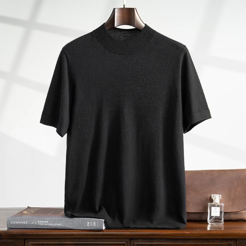 半高领精纺100纯山羊p绒衫男夏季新款68支针织短袖T恤宽松薄款体