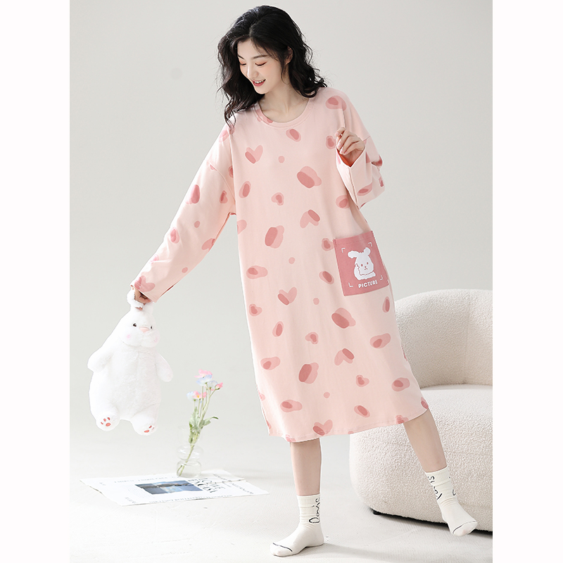 带胸垫睡裙女春秋季纯棉长袖粉色卡通可爱中长款连衣裙睡衣家居服